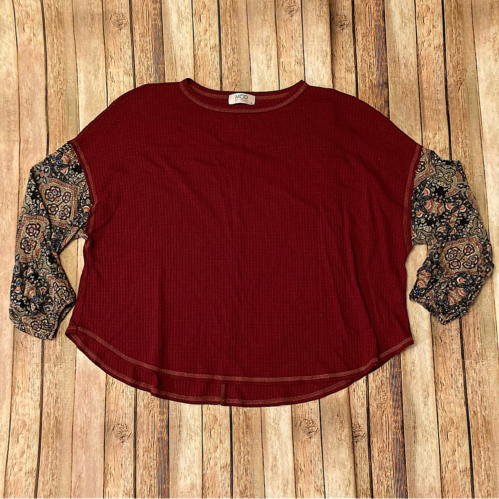 Mod on Trend Women’s Burgundy with Floral Sleeves Waffle Knit Boho Cropped M Top